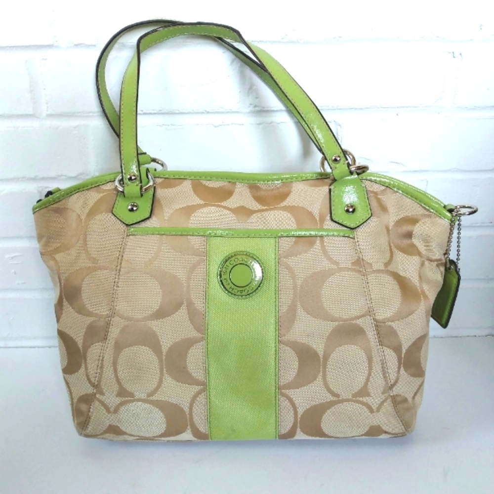 Coach green leather and canvas bag